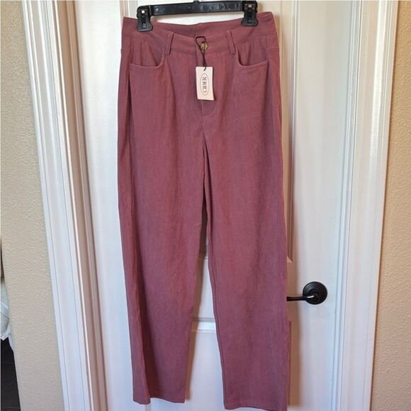 Cider Corduroy Pants Womens Size L Dusty Rose Flat Front Straight Leg Mauve NWT - Picture 3 of 6